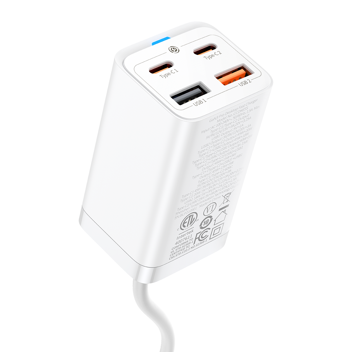 Baseus GaN3 Pro Desktop Fast Charger 2C+2U 65W US White(Include：Baseus Xiaobai series fast charging Cable Type-C to Type-C 100W(20V/5A) 1m White）